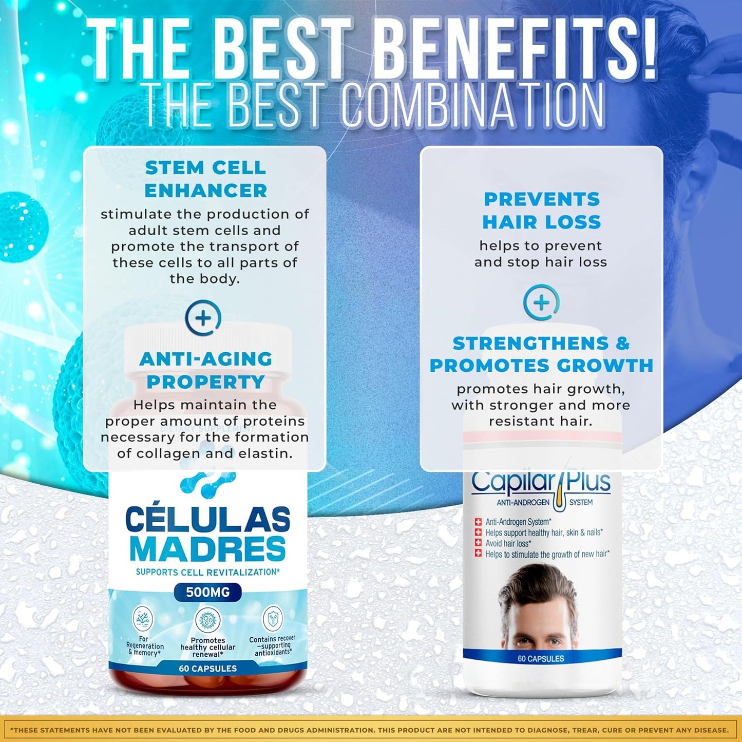 AFA Stem Cell & Hair Growth Supplement Bundle | Antiaging Support | Capilar Plus for Hair Loss | Healthy Skin, Hair & Nails | Spirulina & Chlorella - 60 Capsules Each
