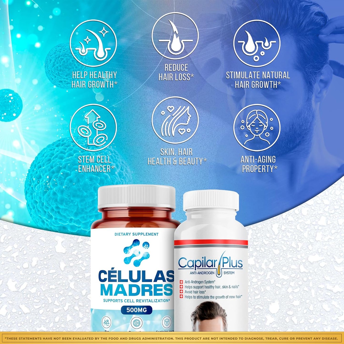 AFA Stem Cell & Hair Growth Supplement Bundle | Antiaging Support | Capilar Plus for Hair Loss | Healthy Skin, Hair & Nails | Spirulina & Chlorella - 60 Capsules Each
