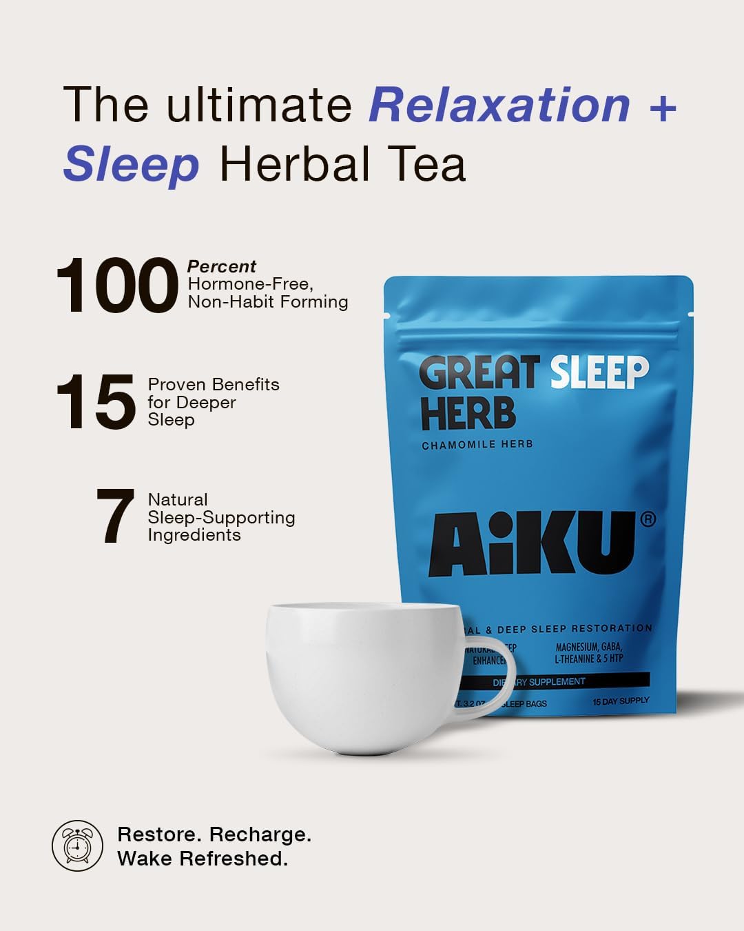 Aiku Superfoods Premium Herbal Sleep Tea with GABA, Magnesium, and 5-HTP - Promotes Restful Sleep and Relaxation - 15 Tea Bags for 15 Days of Support - Made in the USA