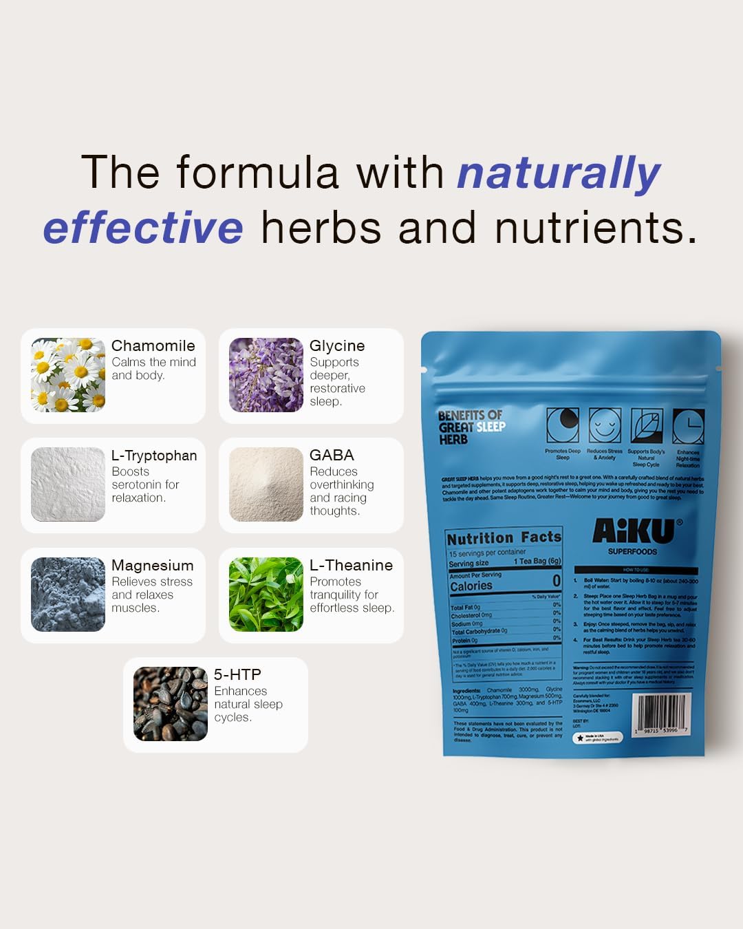 Aiku Superfoods Premium Herbal Sleep Tea with GABA, Magnesium, and 5-HTP - Promotes Restful Sleep and Relaxation - 15 Tea Bags for 15 Days of Support - Made in the USA