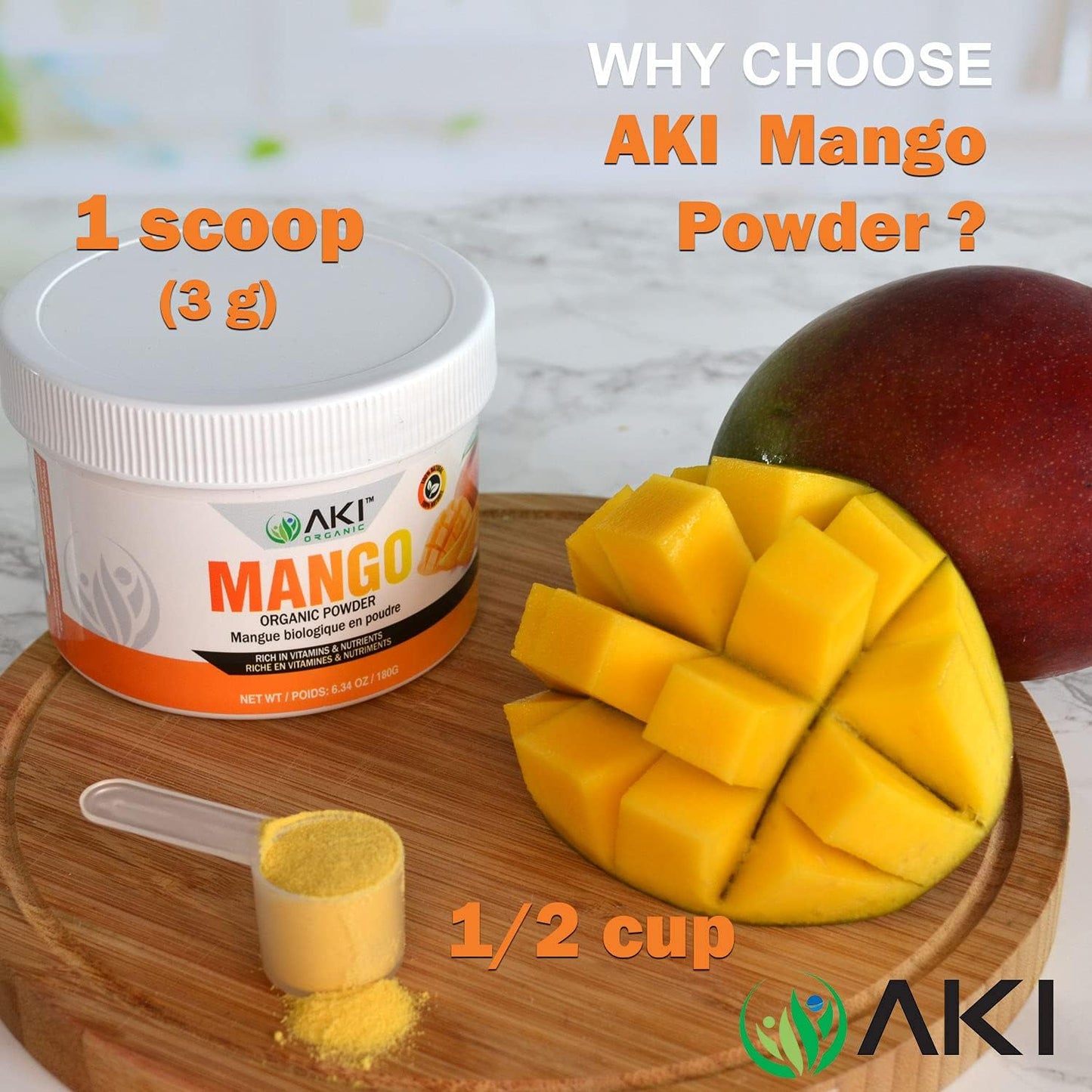 AKI ORGANIC Mango Extract Powder - 6.34oz/180g - High in Vitamin C - Ideal for Protein Smoothies, Sorbet, Juice & Ice Cream