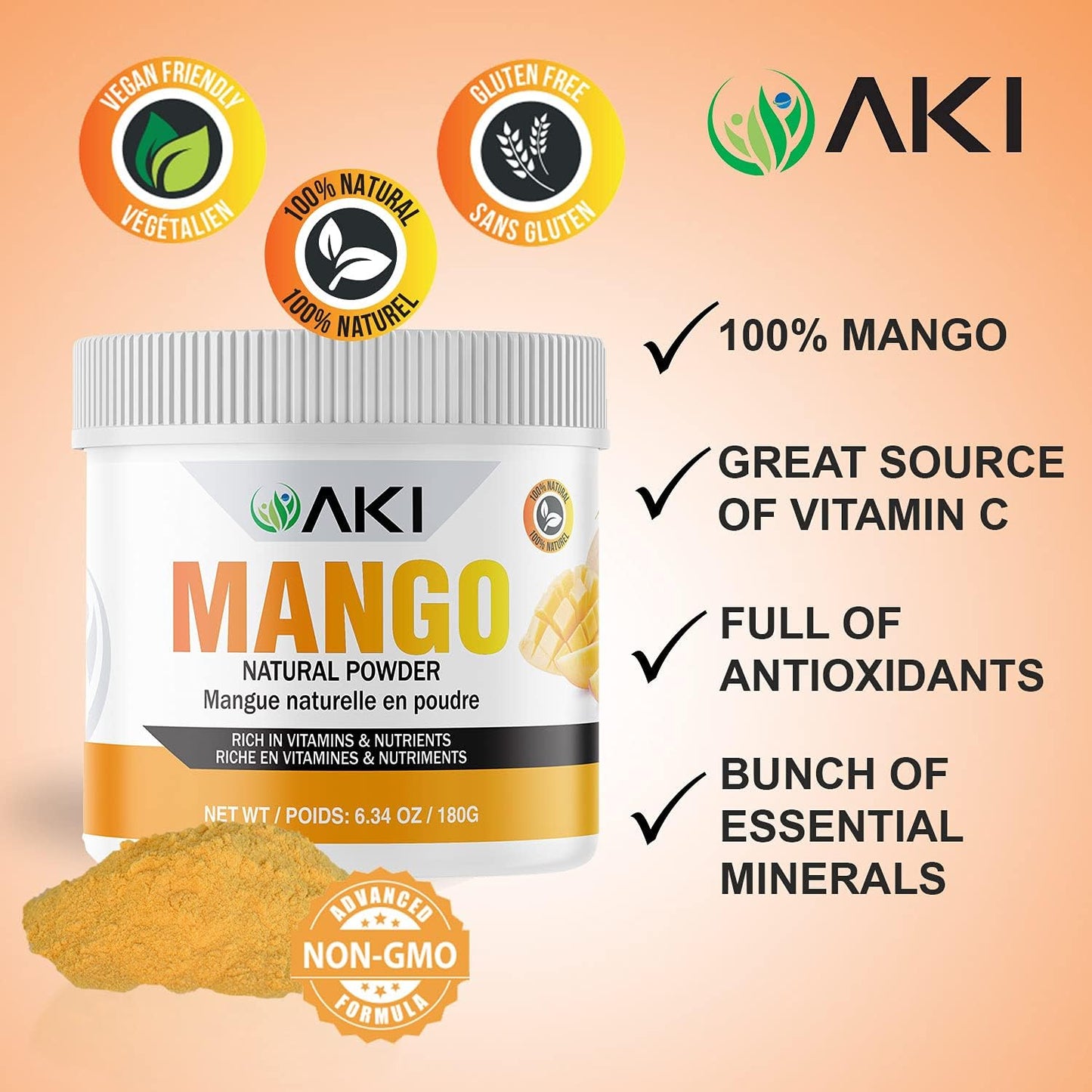 AKI ORGANIC Mango Extract Powder - 6.34oz/180g - High in Vitamin C - Ideal for Protein Smoothies, Sorbet, Juice & Ice Cream