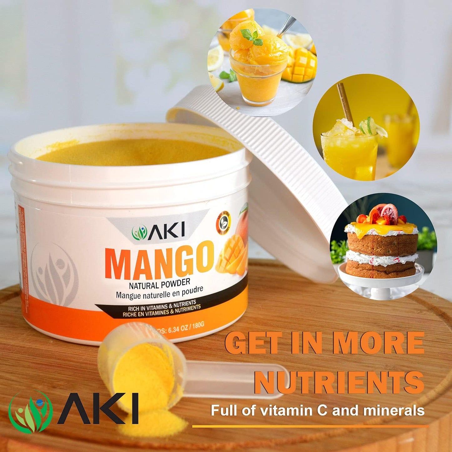 AKI ORGANIC Mango Extract Powder - 6.34oz/180g - High in Vitamin C - Ideal for Protein Smoothies, Sorbet, Juice & Ice Cream