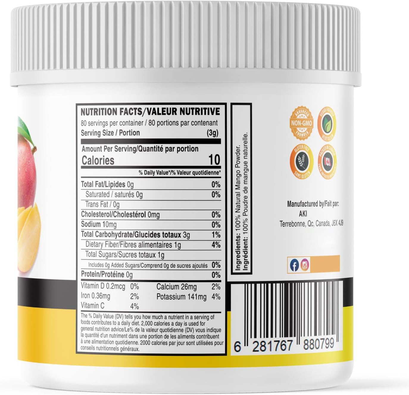 AKI ORGANIC Mango Extract Powder - 6.34oz/180g - High in Vitamin C - Ideal for Protein Smoothies, Sorbet, Juice & Ice Cream