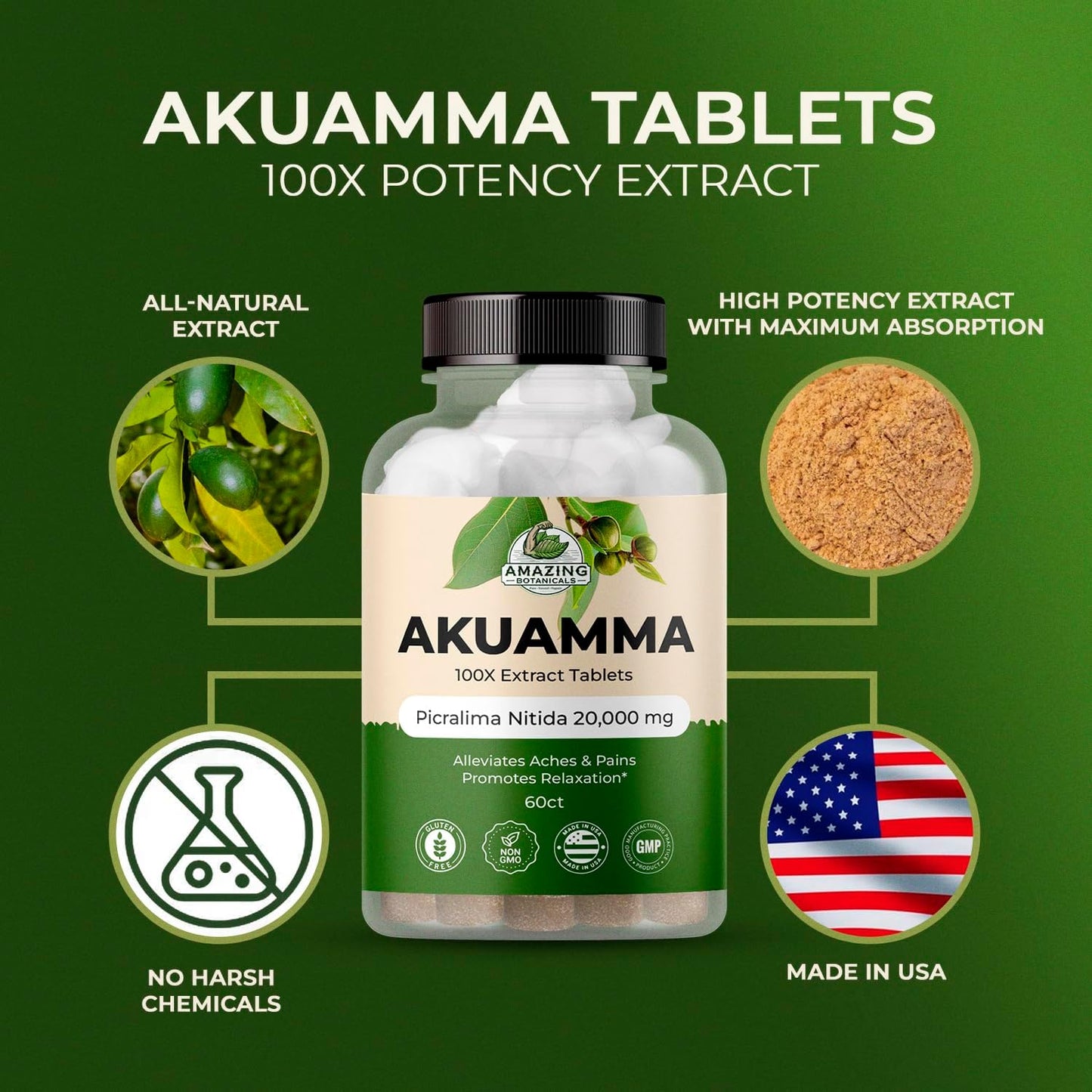Akuamma Extract Tablets - 200mg 100X Strength - 60 Tablets - Mood Boost, Stress Relief, Focus & Clarity - Natural Calmness Support