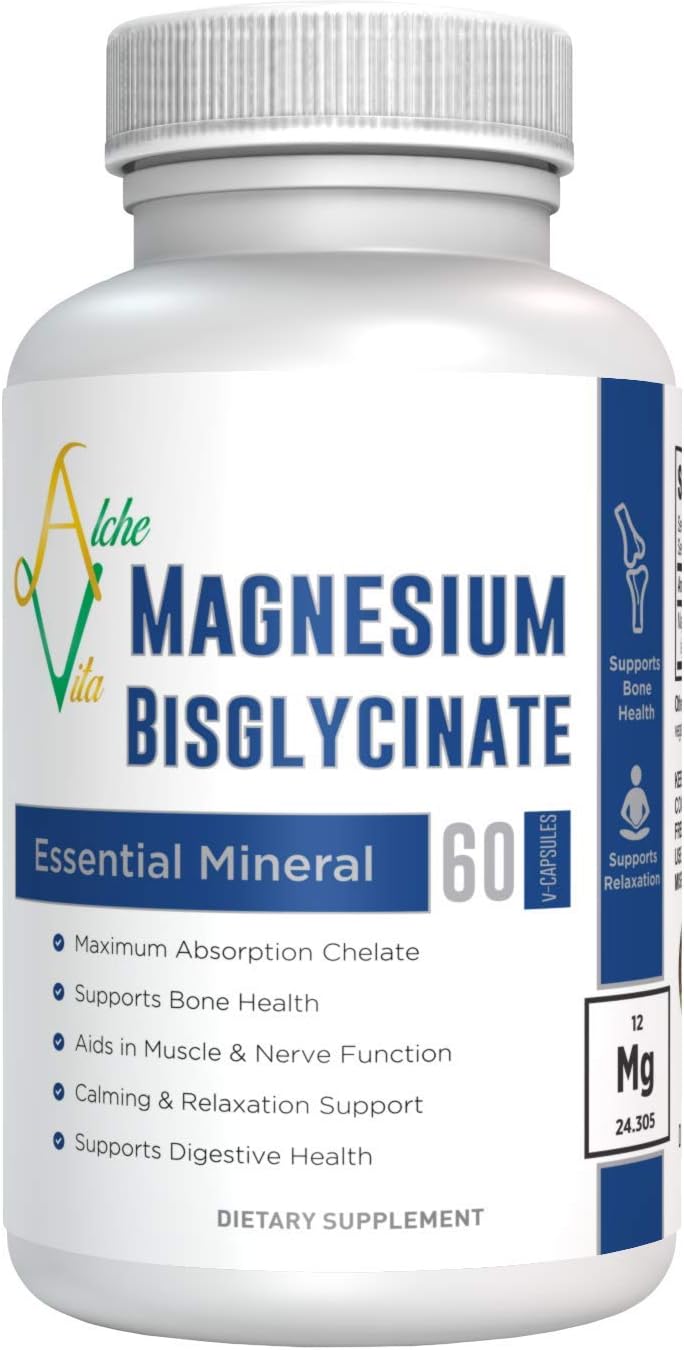 AlcheVita Magnesium BisGlycinate Capsules - 200mg Essential Mineral for Relaxation, Muscle Cramps, Bone Health, Tension, Stress Relief - Easy Digestion Formula - 60 Count