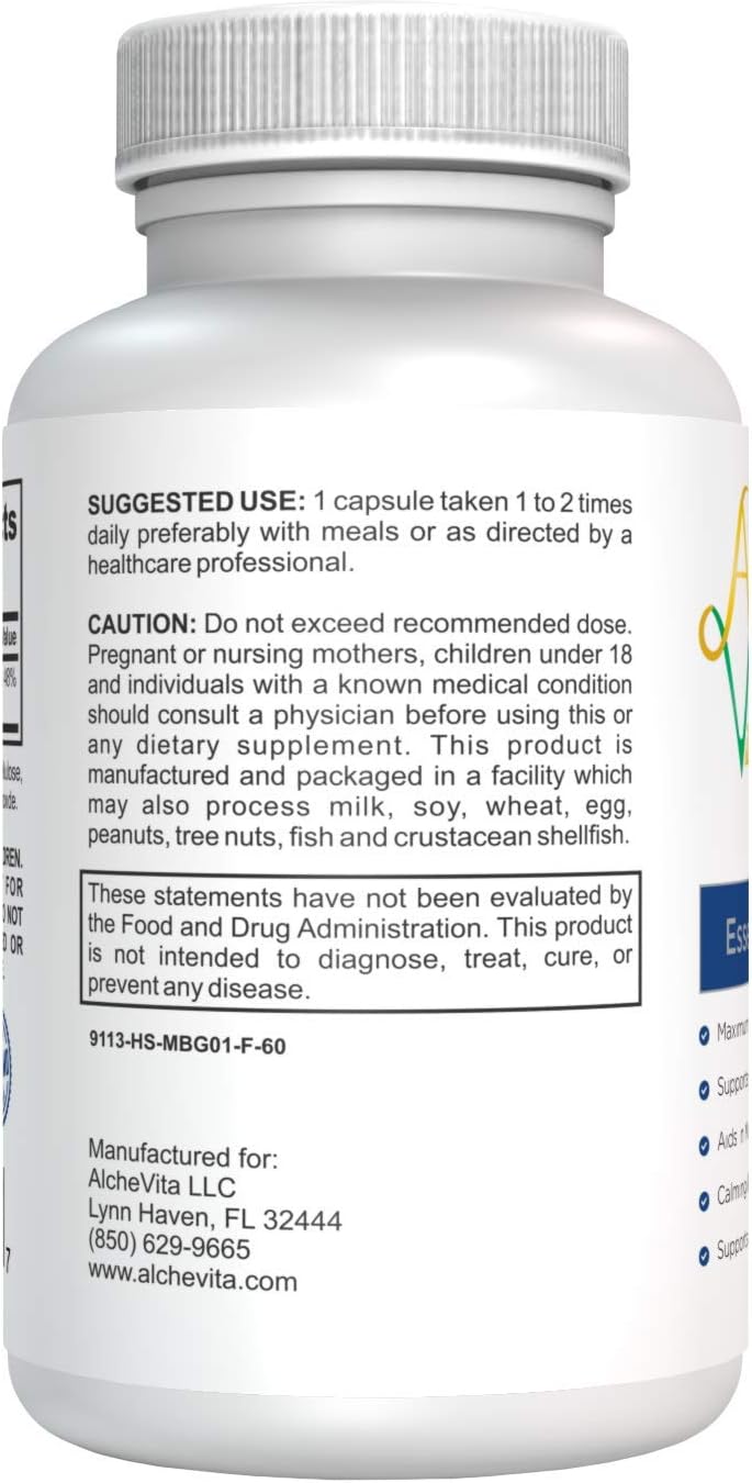 AlcheVita Magnesium BisGlycinate Capsules - 200mg Essential Mineral for Relaxation, Muscle Cramps, Bone Health, Tension, Stress Relief - Easy Digestion Formula - 60 Count