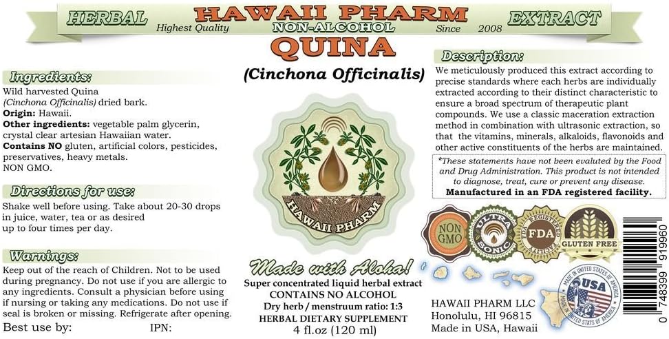 Alcohol-Free Quina Liquid Extract Glycerite - Cinchona officinalis Bark Herbal Supplement - 64 fl.oz - Hawaii Pharm