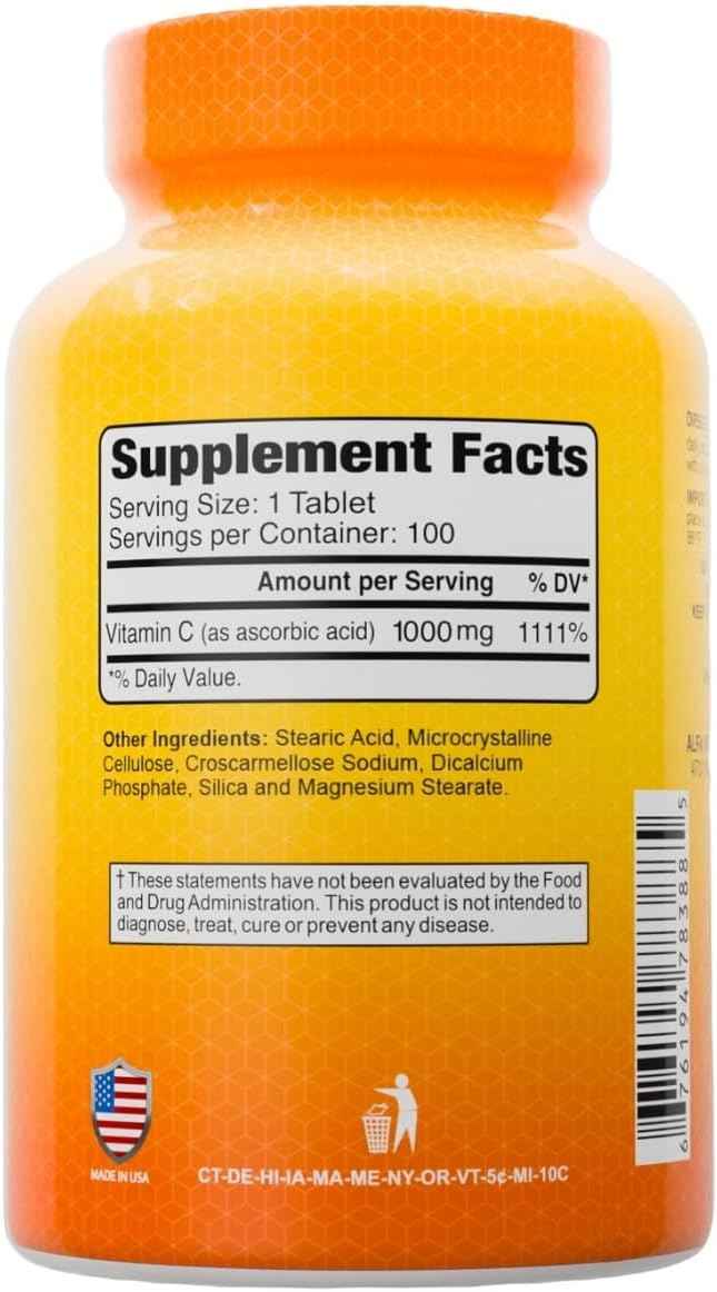 ALFA VITAMINS Vitamin C Supplement 1000mg, Powerful Antioxidant for Immune Support & Healthy Skin, Promotes Collagen Formation, Dietary Supplement for Daily Wellness, 100 Tablets, 2 Bottle Pack