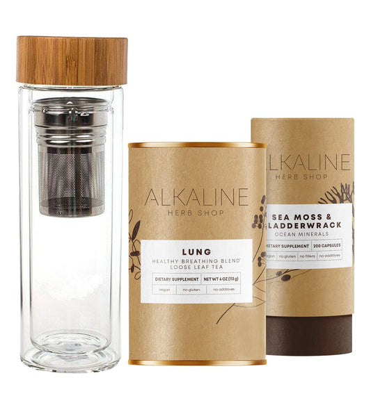 Alkaline Herb Store Healthy Lung Bundle: Sea Moss & Bladderwrack Supplements, Lung Tea, Glass Tea Infuser Bottle