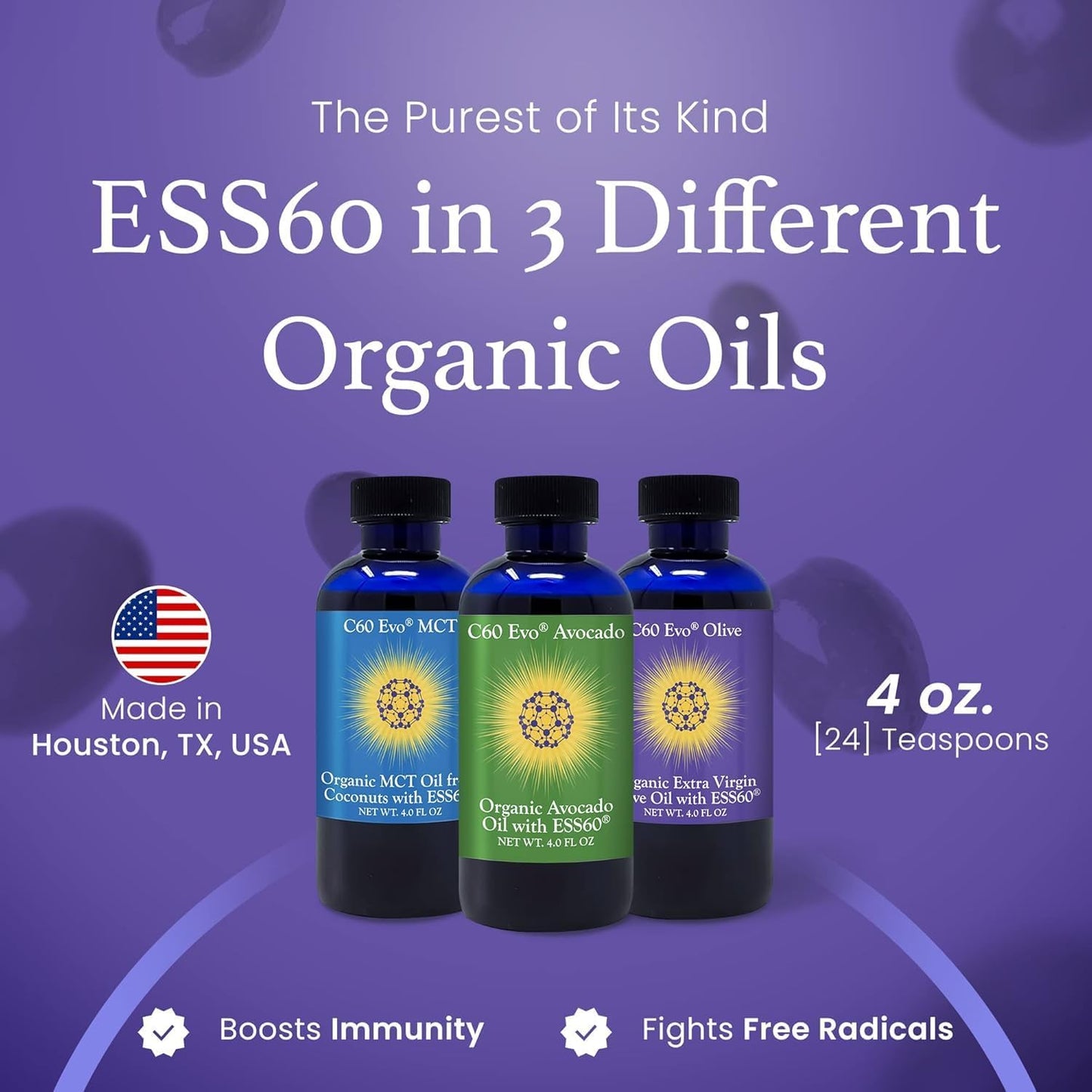 All-Natural C60 EVO Edible Oils Sampler Set - Immune and Joint Support Supplement - Olive, Avocado, and MCT Coconut Oil - 3 Pack, 4 oz each