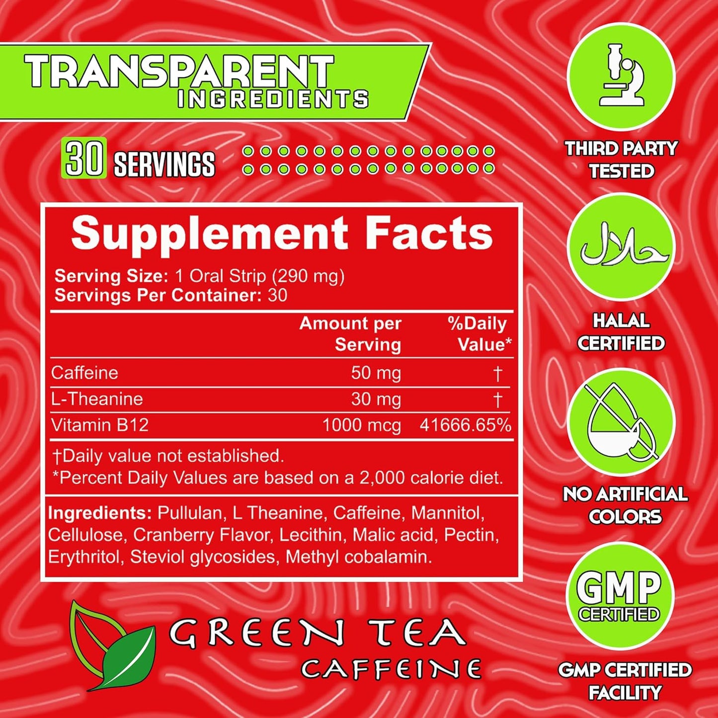 All Natural Cranberry Flavored Energy Strips - 50mg Caffeine - Fast Absorption - 30 Strips