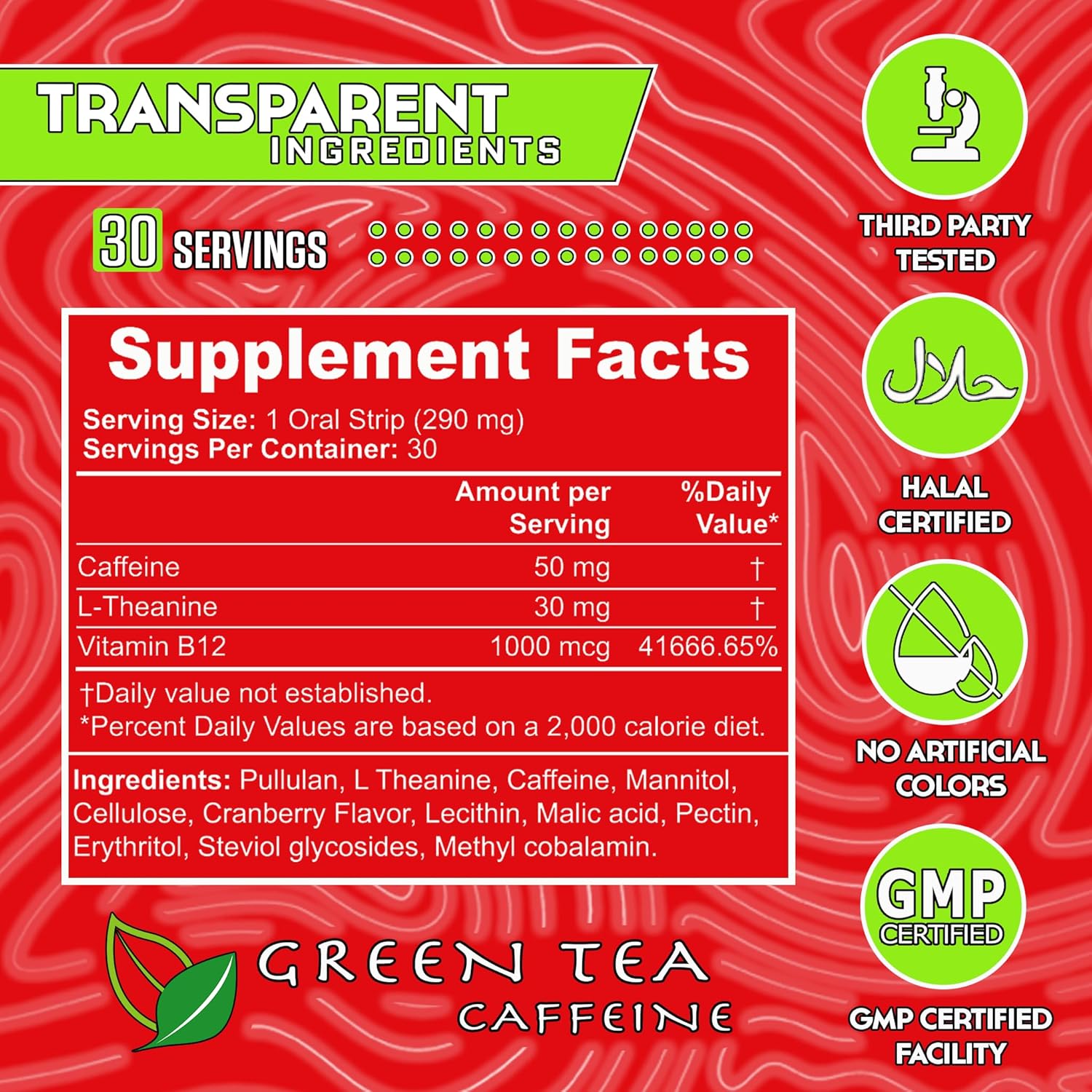 All Natural Cranberry Flavored Energy Strips - 50mg Caffeine - Fast Absorption - 30 Strips