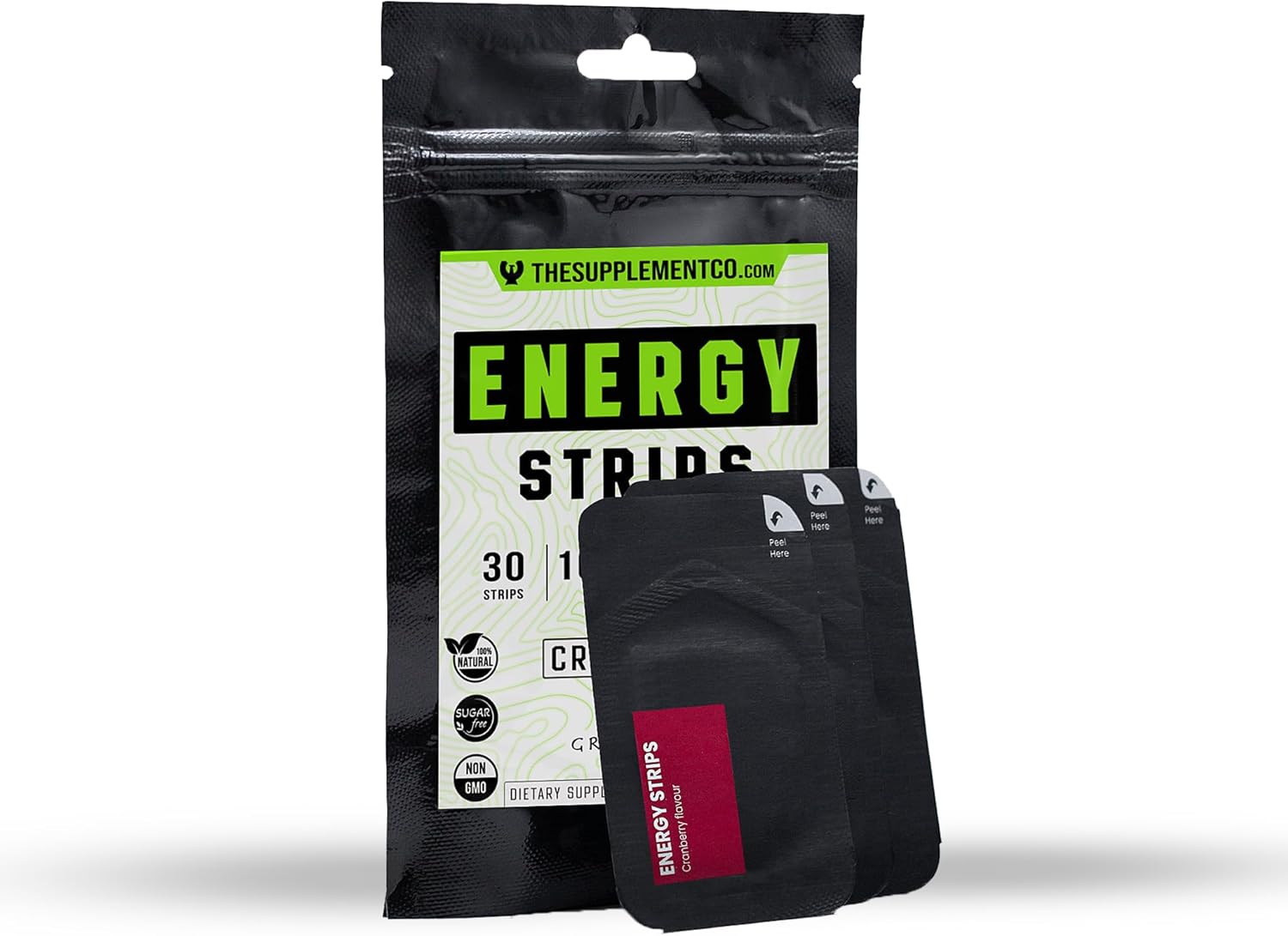 All Natural Cranberry Flavored Energy Strips - 50mg Caffeine - Fast Absorption - 30 Strips