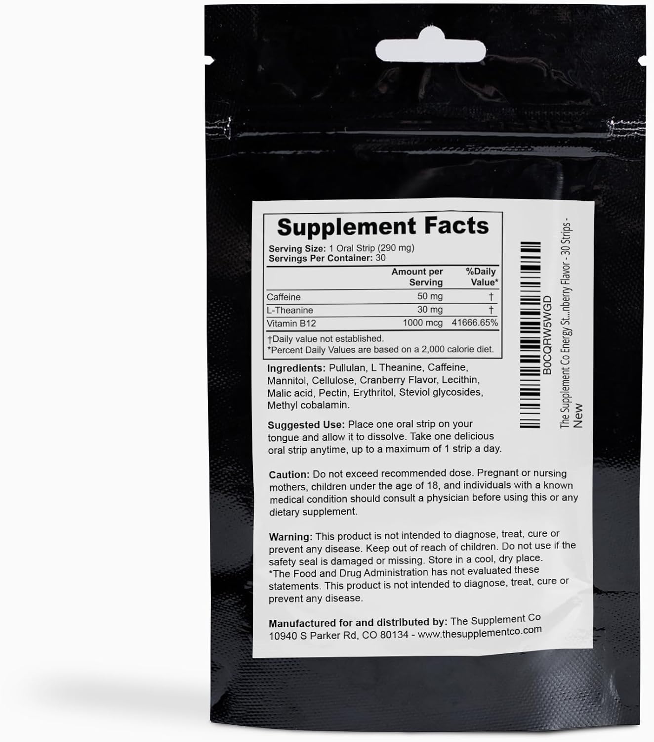 All Natural Cranberry Flavored Energy Strips - 50mg Caffeine - Fast Absorption - 30 Strips