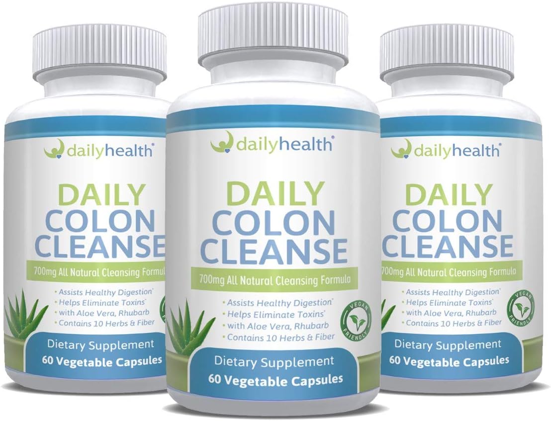All Natural Daily Colon Cleanse Supplement with 10 Herbs - 700mg, 180 Capsules - Fiber, Alfalfa, Aloe Vera, Rhubarb, Vegan Friendly
