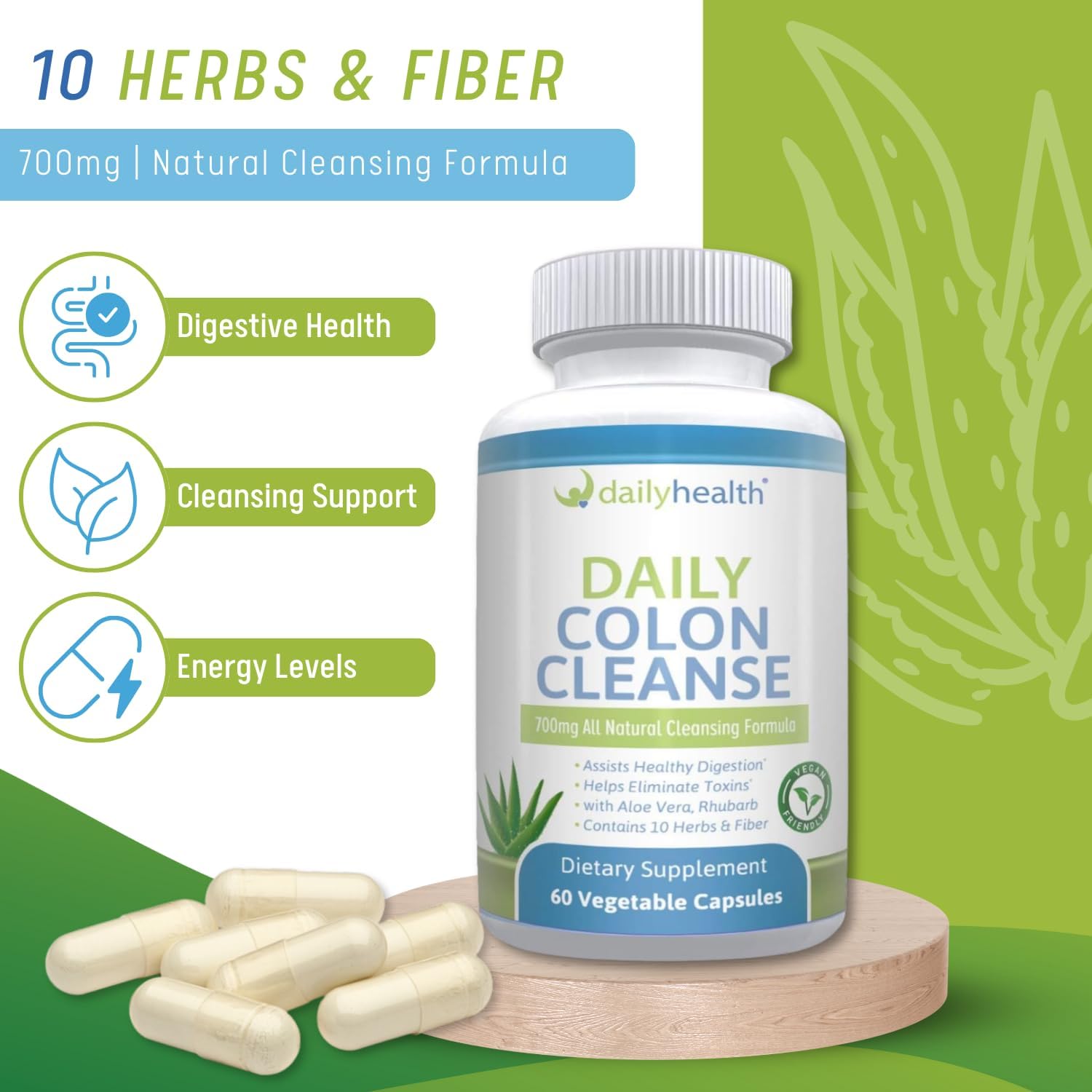 All Natural Daily Colon Cleanse Supplement with 10 Herbs - 700mg, 180 Capsules - Fiber, Alfalfa, Aloe Vera, Rhubarb, Vegan Friendly