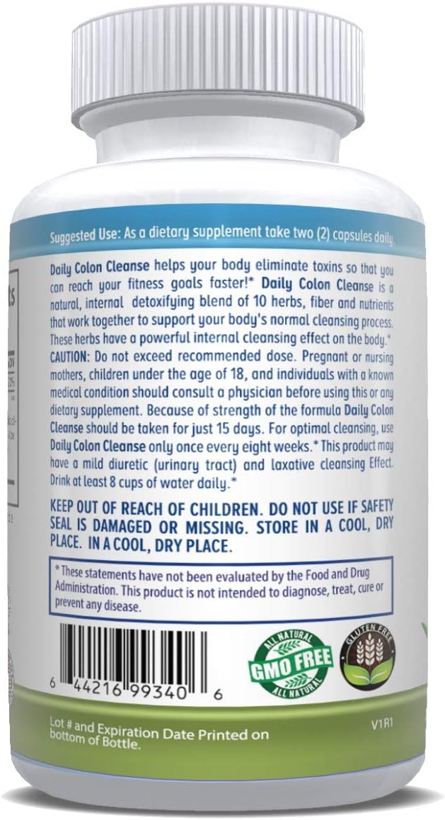 All Natural Daily Colon Cleanse Supplement with 10 Herbs - 700mg, 180 Capsules - Fiber, Alfalfa, Aloe Vera, Rhubarb, Vegan Friendly