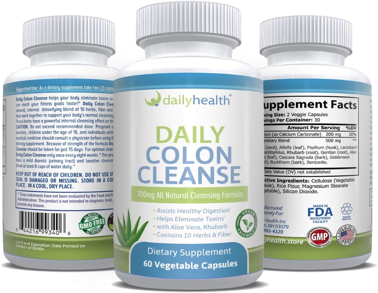 All Natural Daily Colon Cleanse Supplement with 10 Herbs - 700mg, 180 Capsules - Fiber, Alfalfa, Aloe Vera, Rhubarb, Vegan Friendly