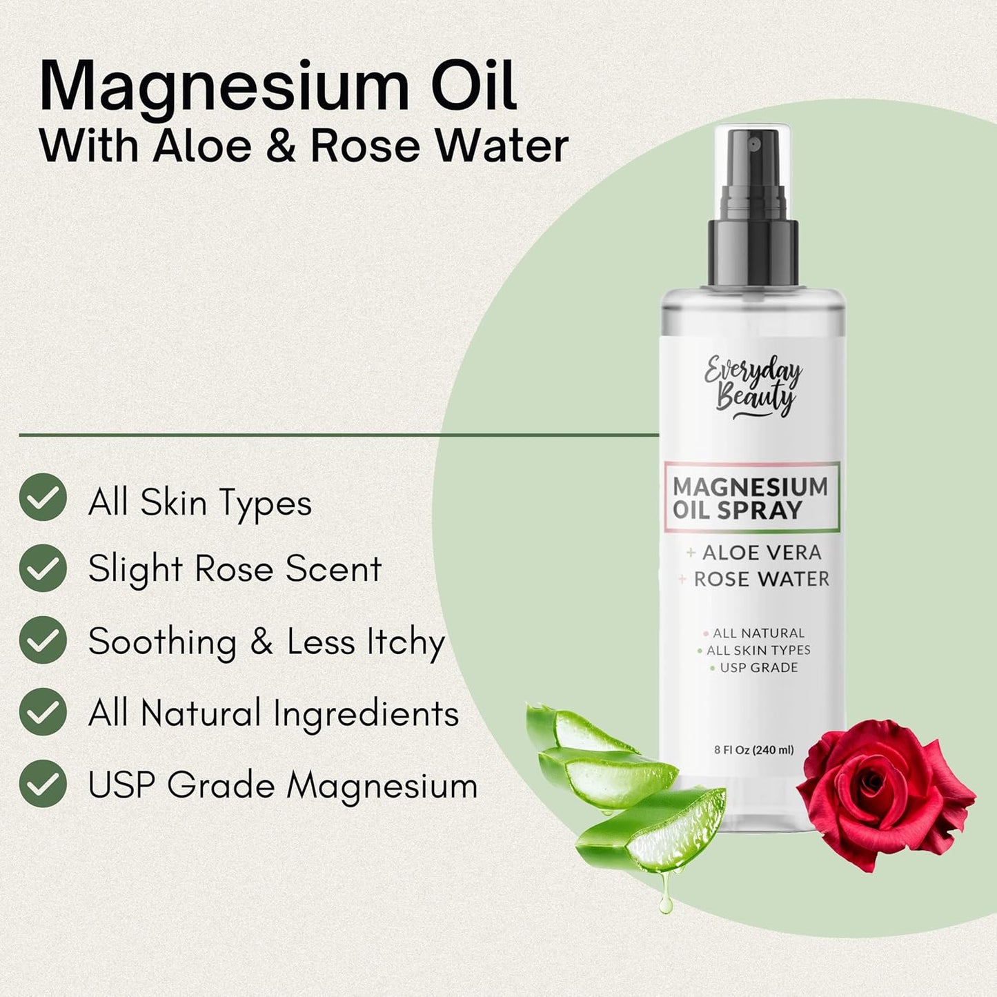 All-Natural Magnesium Oil Spray with Aloe & Rose Water for Beautiful Skin - Large 8oz Bottle - Made in USA