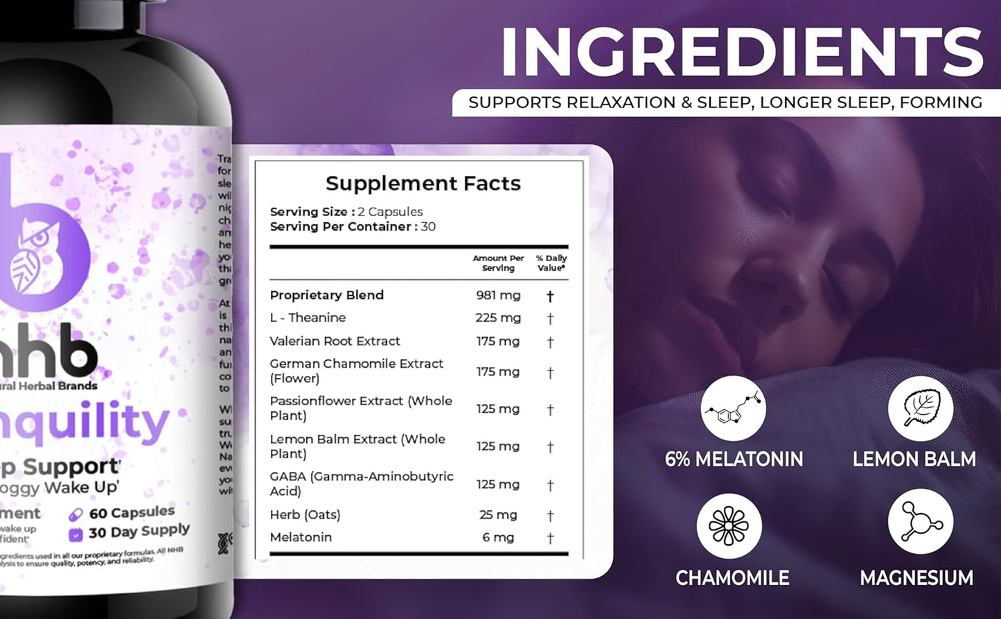 All Natural Sleep Support Supplement with Melatonin, Lemon Balm, Chamomile, and Magnesium for Tranquil Nights - Made in USA
