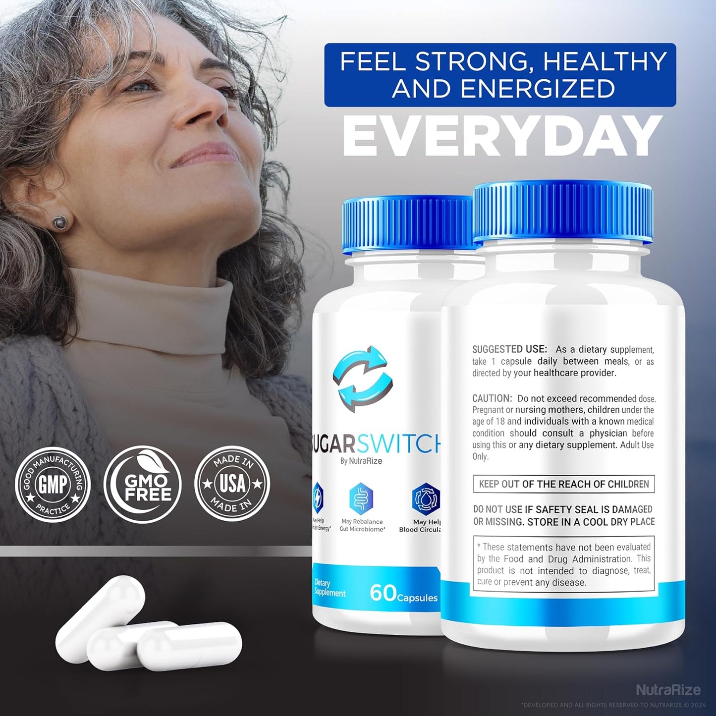 All-Natural SugarSwitch Capsules for Healthy Blood Sugar Levels - NutraRize Sugar Switch Supplement with Pectin (60 Capsules)
