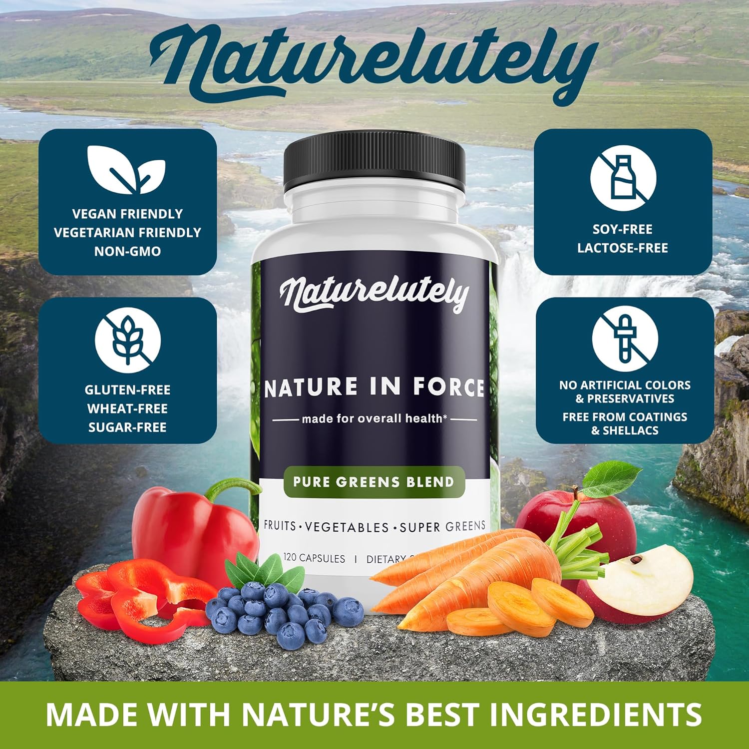 All Natural Super Greens Capsules with Immune Support - 120 Count Bottle