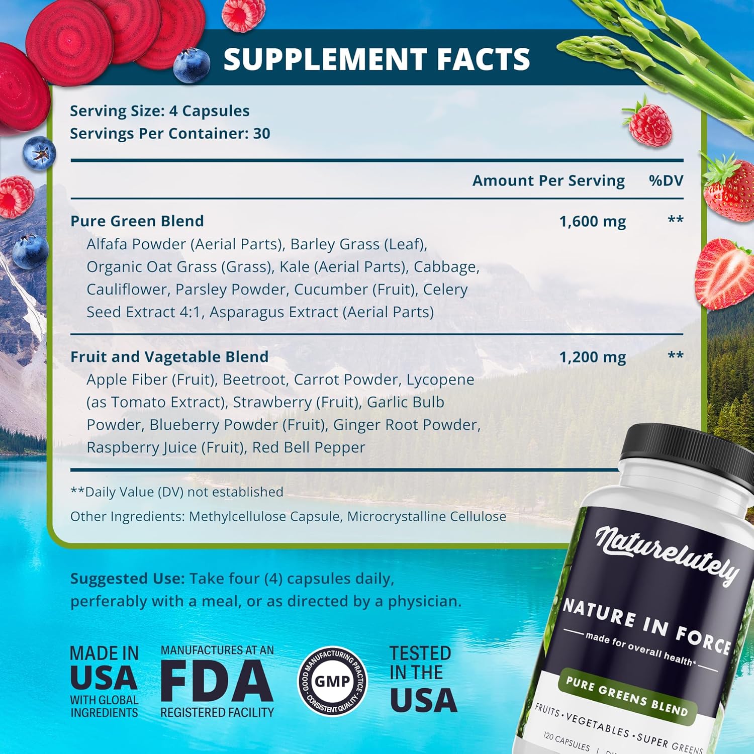 All Natural Super Greens Capsules with Immune Support - 120 Count Bottle