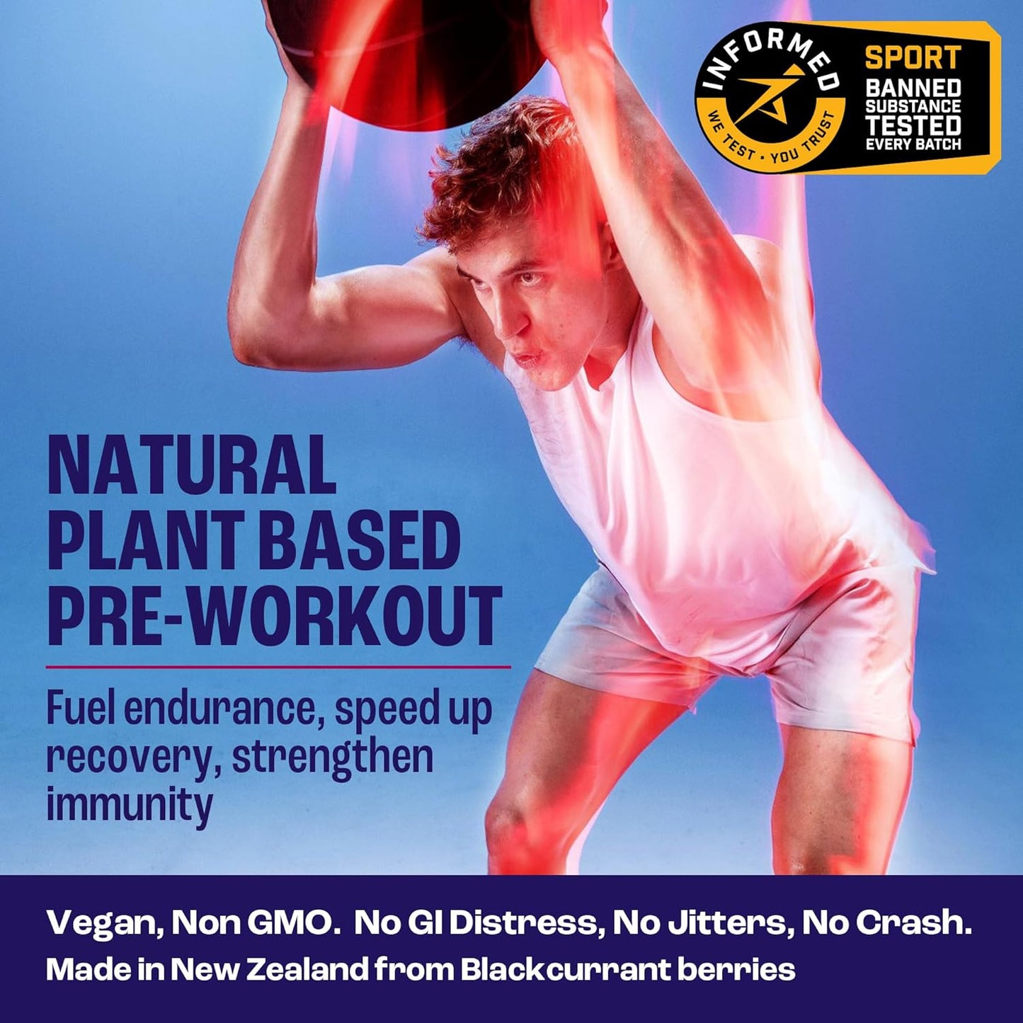 All Natural Vegan Pre Workout with Blackcurrant Flavor for Clean Energy, Endurance, and Recovery - Caffeine Free - 20 Packets - Informed Sports Certified