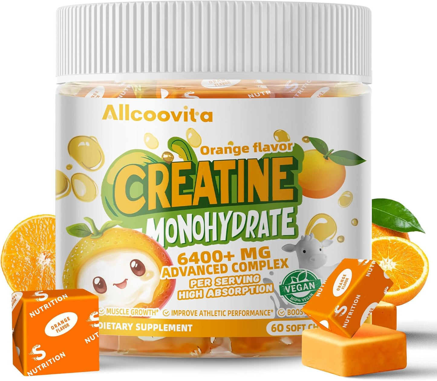 Allcoovita Creatine Monohydrate Chews Complex - Advanced Formula for Men & Women with L-Taurine, Vitamin B12, Sugar Free, 60 Orange Softchews