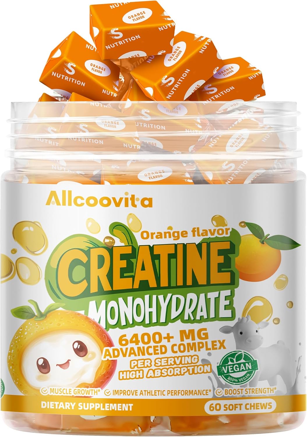 Allcoovita Creatine Monohydrate Chews Complex - Advanced Formula for Men & Women with L-Taurine, Vitamin B12, Sugar Free, 60 Orange Softchews