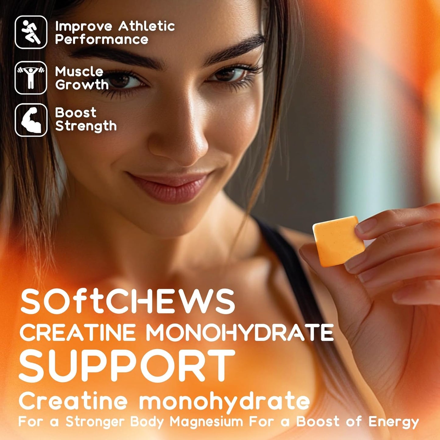 Allcoovita Creatine Monohydrate Chews Complex - Advanced Formula for Men & Women with L-Taurine, Vitamin B12, Sugar Free, 60 Orange Softchews