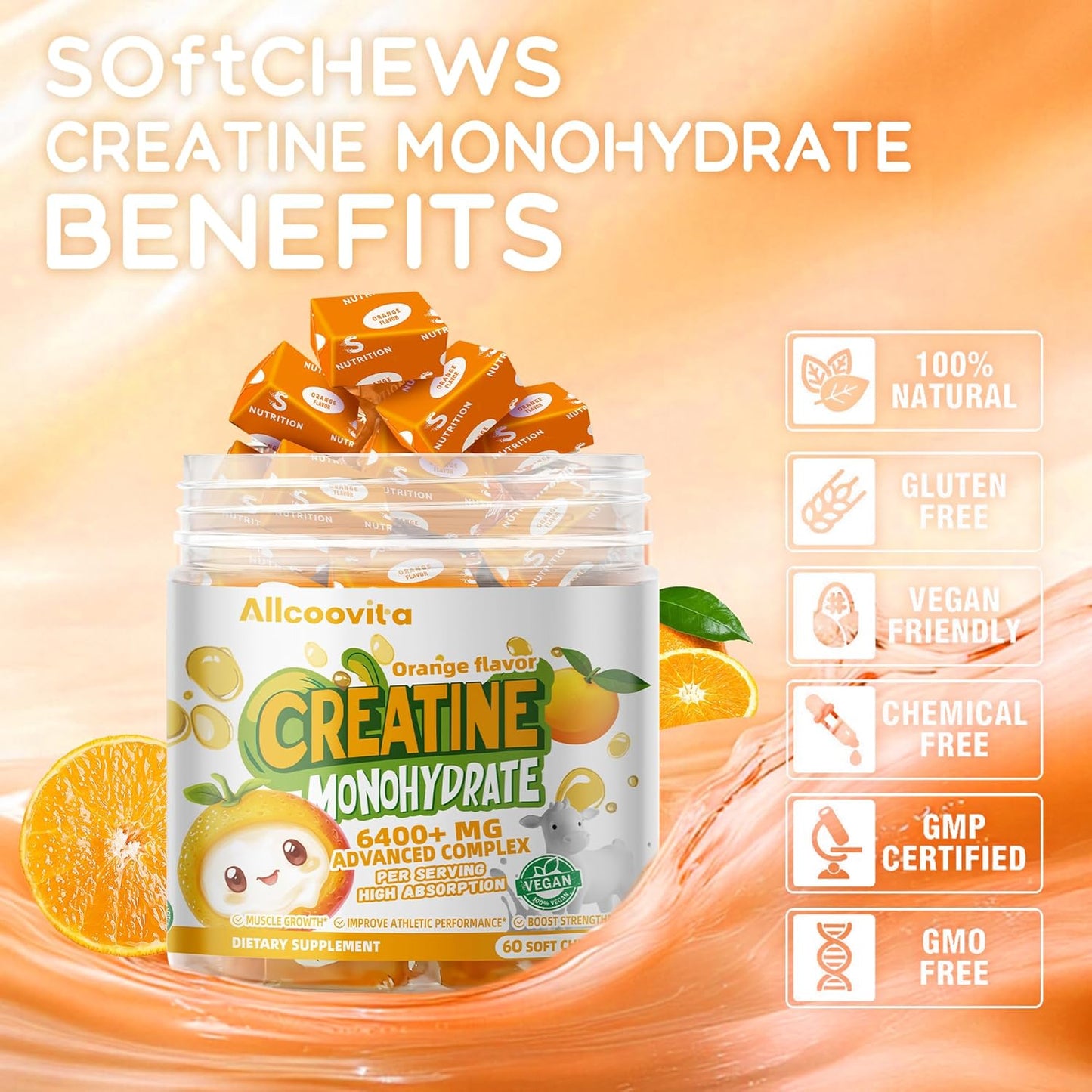 Allcoovita Creatine Monohydrate Chews Complex - Advanced Formula for Men & Women with L-Taurine, Vitamin B12, Sugar Free, 60 Orange Softchews