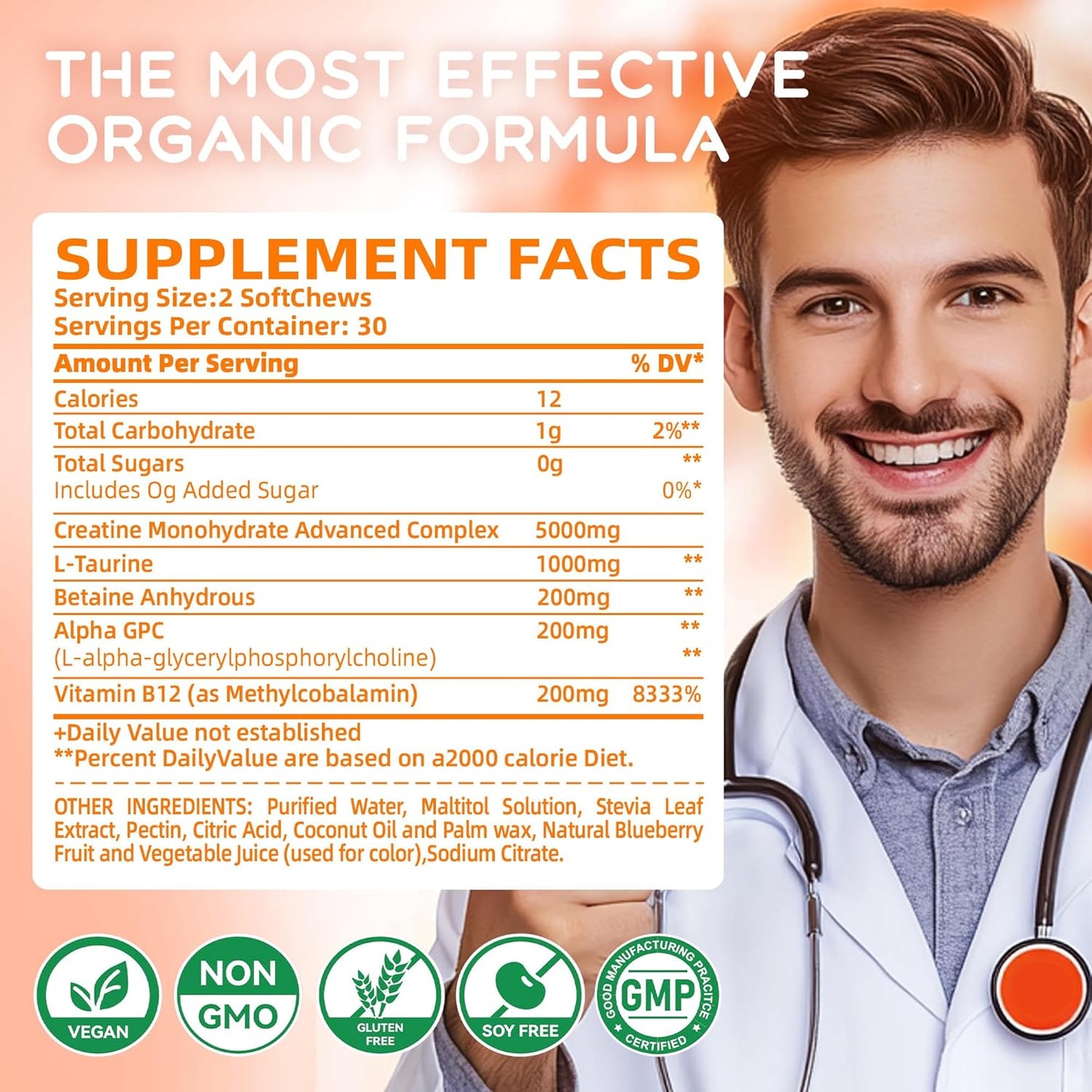 Allcoovita Creatine Monohydrate Chews Complex - Advanced Formula for Men & Women with L-Taurine, Vitamin B12, Sugar Free, 60 Orange Softchews