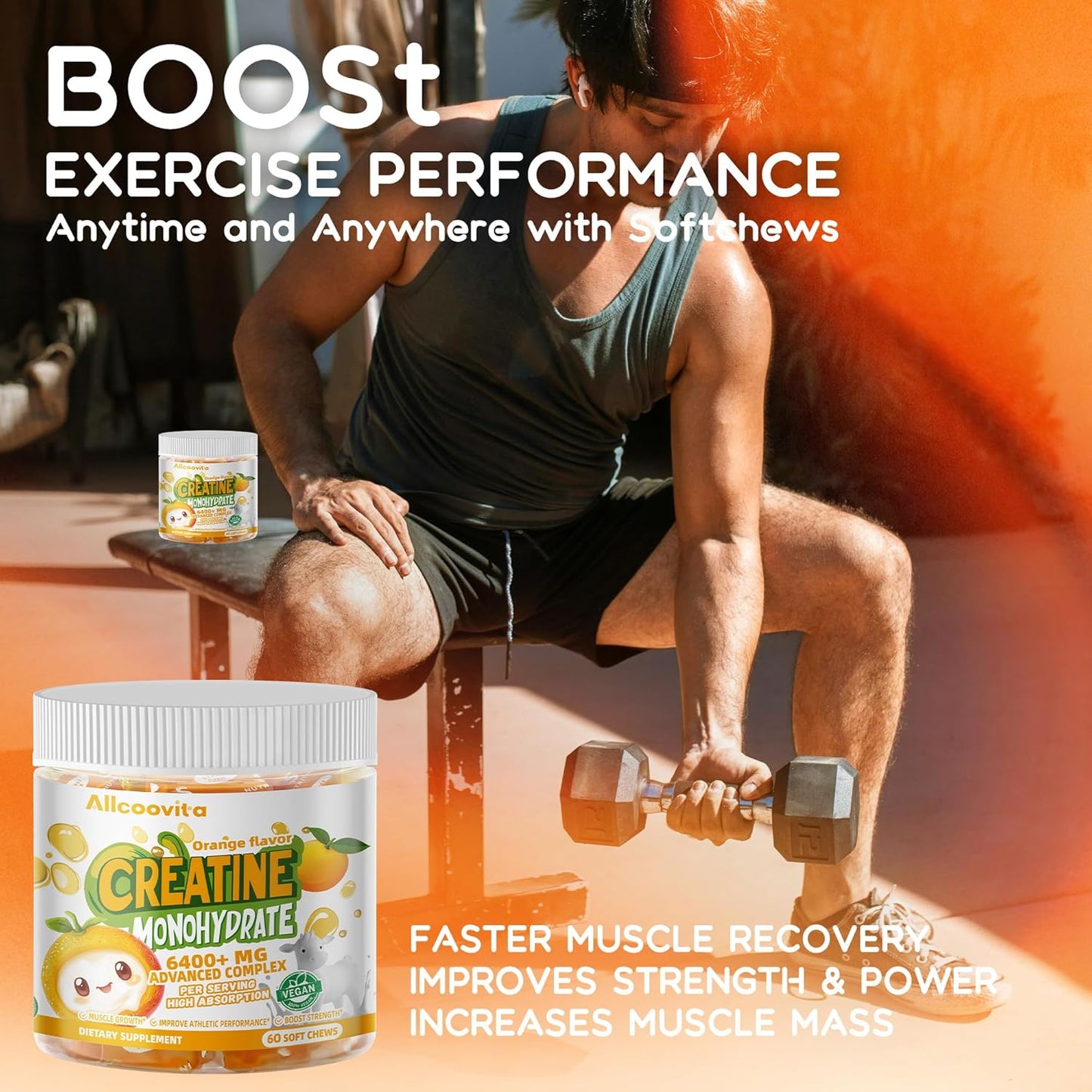 Allcoovita Creatine Monohydrate Chews Complex - Advanced Formula for Men & Women with L-Taurine, Vitamin B12, Sugar Free, 60 Orange Softchews