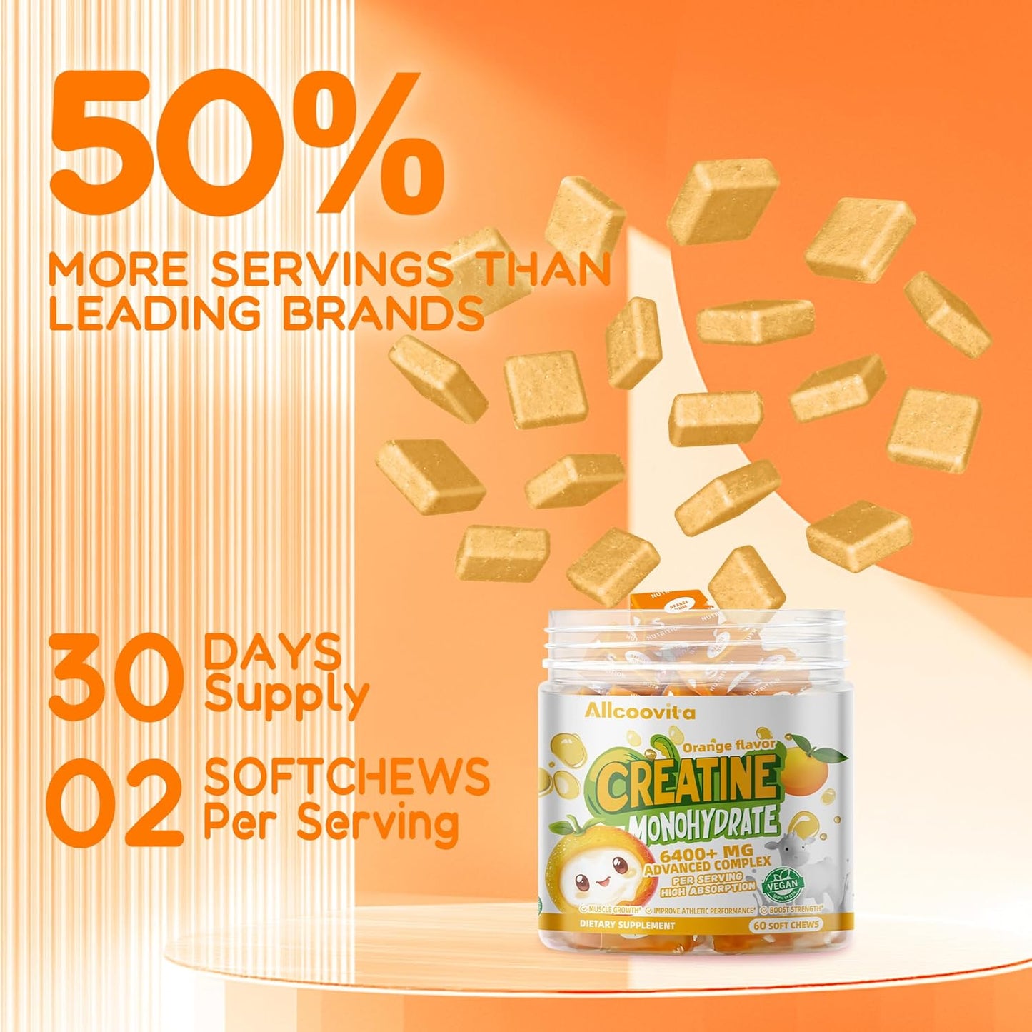 Allcoovita Creatine Monohydrate Chews Complex - Advanced Formula for Men & Women with L-Taurine, Vitamin B12, Sugar Free, 60 Orange Softchews