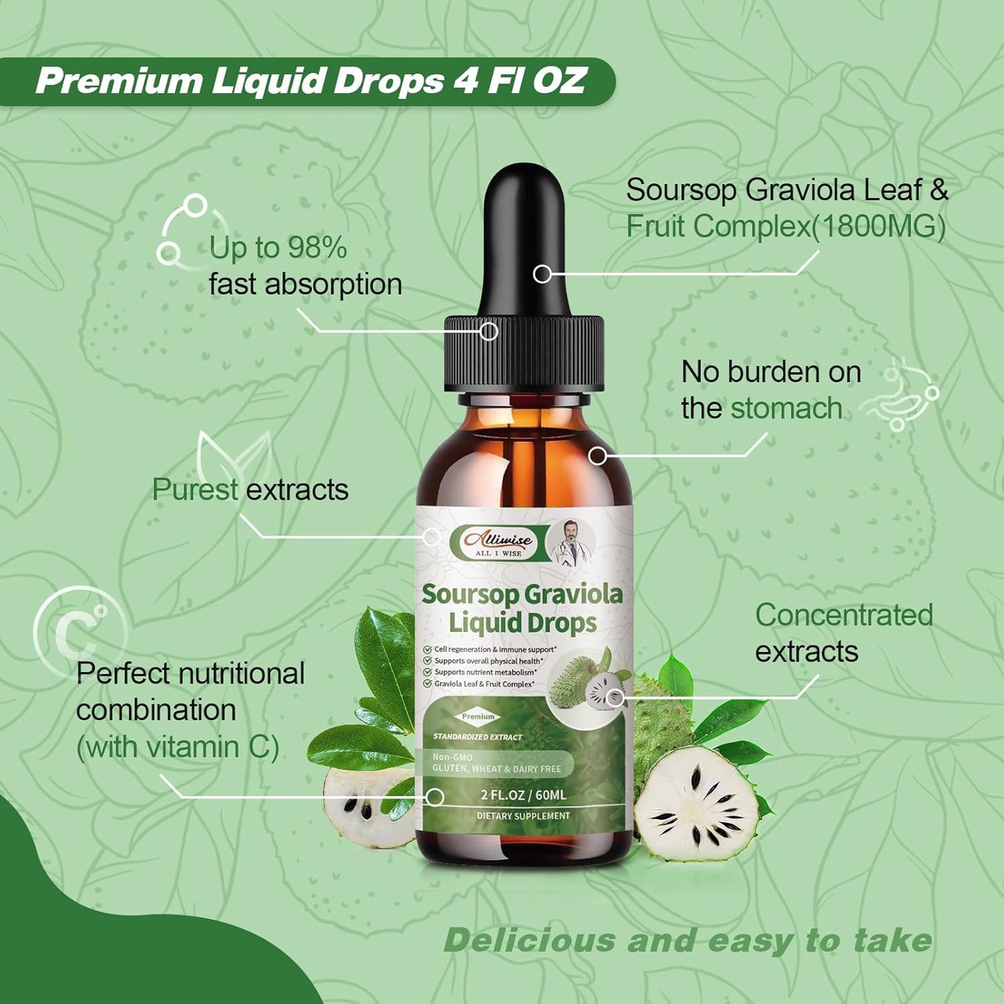 Alliwise Soursop Graviola Leaf Extract Liquid Drops for Cell Regeneration & Immune Support - Vegan Formula with High Absorption - 2Fl oz