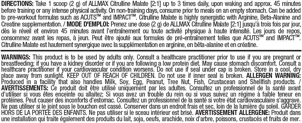 Allmax Essentials Vegan Citrulline Malate 2:1 Powder - 300 g, 150 Servings - Boosts Endurance & Recovery