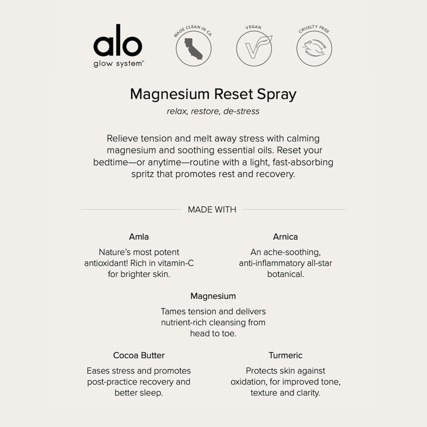 Alo Yoga Magnesium Reset Spray + Mini - Calming Blend with Soothing Magnesium, Valerian, Arnica - 3.2 oz & 0.7 oz
