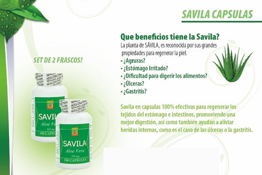 Aloe Vera Capsules 500mg - Set of 2 Bottles, 100 Capsules Each. Effective for Ulcers, Heartburn, Digestion, Colitis, Constipation. Lasts Over 3 Months. Nutrisalud Products.
