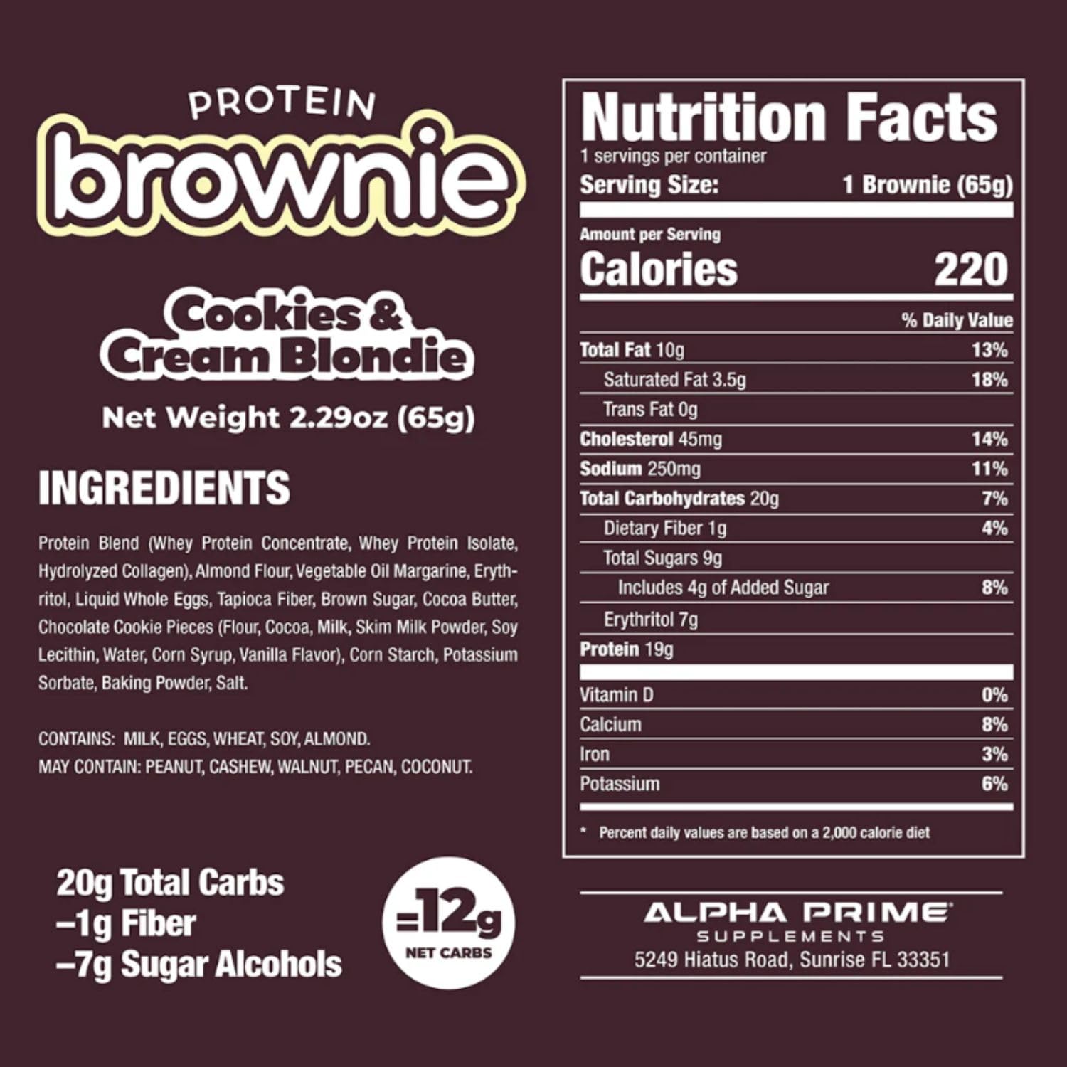 Alpha Prime Supplements Prime Bites Protein Brownie Bars - 16-17g Protein, 5g Collagen - Cookie and Cream Blondie Flavor - 12 Bars