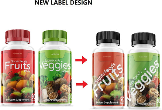 Alpha Pure Superfoods Reds Fruits and Greens Capsules - 180 Vegetables and Fruits Superfood Capsules for Men and Women - Natural Balance of 90 Fruit and 90 Veggie Capsules with Vitamins and Minerals