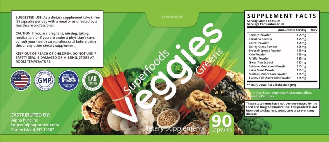Alpha Pure Superfoods Reds Fruits and Greens Capsules - 180 Vegetables and Fruits Superfood Capsules for Men and Women - Natural Balance of 90 Fruit and 90 Veggie Capsules with Vitamins and Minerals