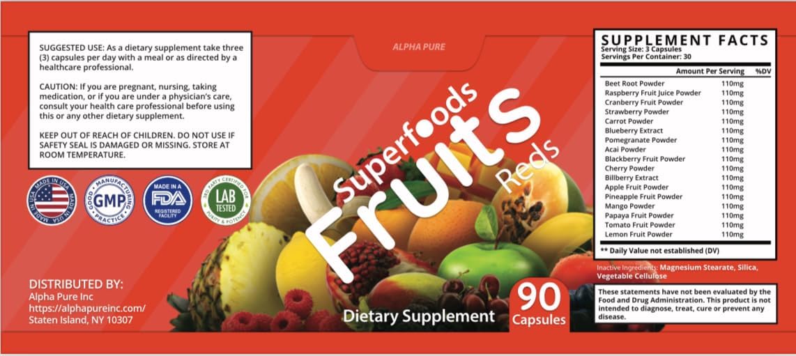 Alpha Pure Superfoods Reds Fruits and Greens Capsules - 180 Vegetables and Fruits Superfood Capsules for Men and Women - Natural Balance of 90 Fruit and 90 Veggie Capsules with Vitamins and Minerals
