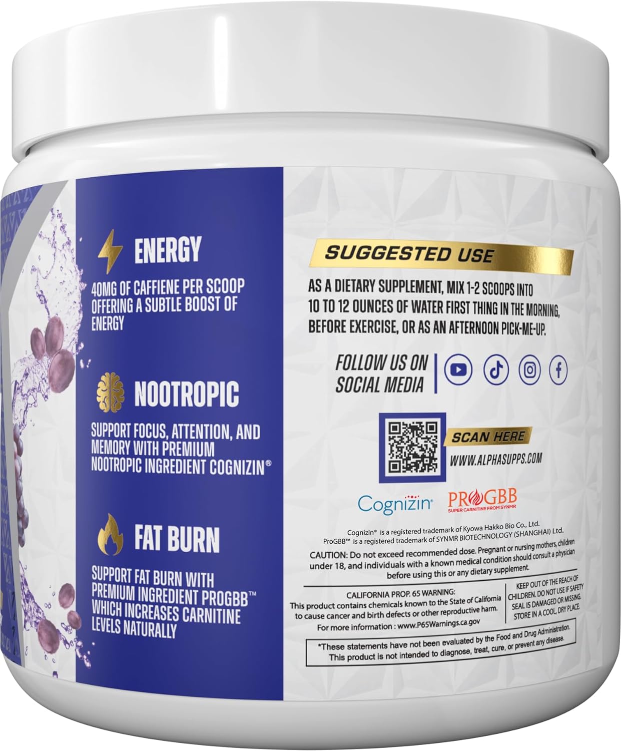 Alpha Supps Amino NRG+ BCAA Powder - Hydration & Energy Recovery with Electrolytes - Focus Blend for Performance - Men & Women (30 Servings, Juicy Grape)
