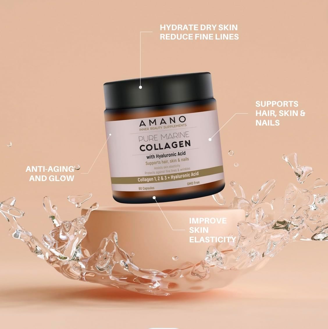 AMANO BEAUTY Pure Marine Collagen Supplement with Hyaluronic Acid and Vitamin C - GMO-Free Formula for Skin, Hair, Nails, and Joints - 30-Day Supply