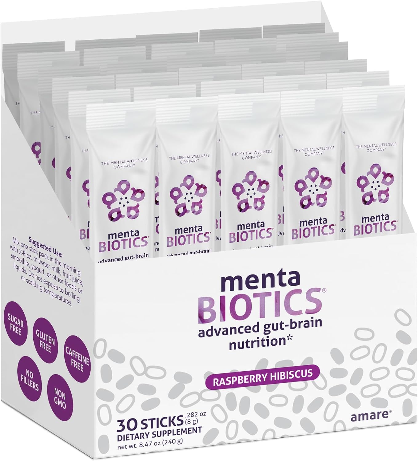 Amare Global MentaBioticsĀ® Raspberry Hibiscus Gut Brain Nutrition - Prebiotic, Probiotic, Phytobiotics - 30 Servings