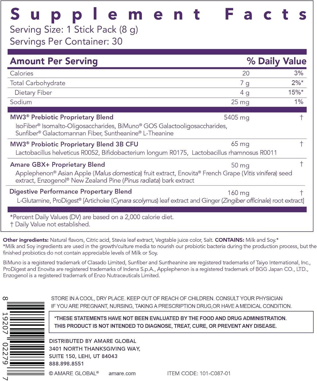 Amare Global MentaBioticsĀ® Raspberry Hibiscus Gut Brain Nutrition - Prebiotic, Probiotic, Phytobiotics - 30 Servings