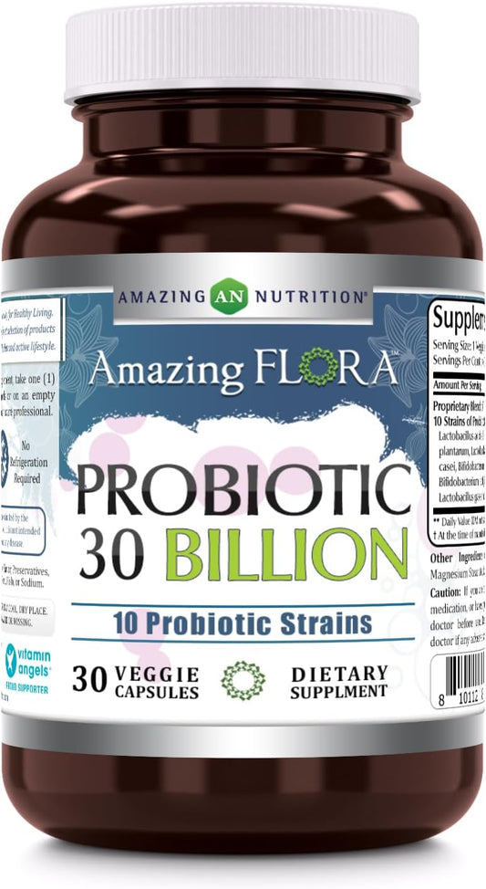 Amazing Nutrition Amazing Flora Probiotic - 30 Billion CFU with 10 Strains - Non-GMO, Gluten Free, Made in USA - 30 Veggie Capsules