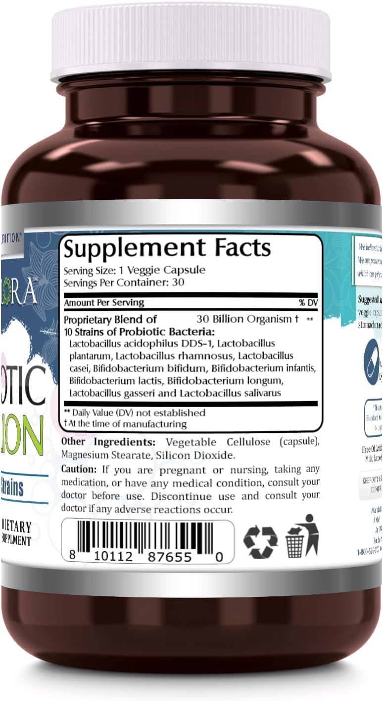 Amazing Nutrition Amazing Flora Probiotic - 30 Billion CFU with 10 Strains - Non-GMO, Gluten Free, Made in USA - 30 Veggie Capsules